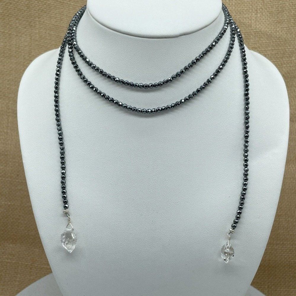 Deb Guyot Herkimer Diamond Quartz Lariat Necklace Hematite Beads 44" Long (L1)